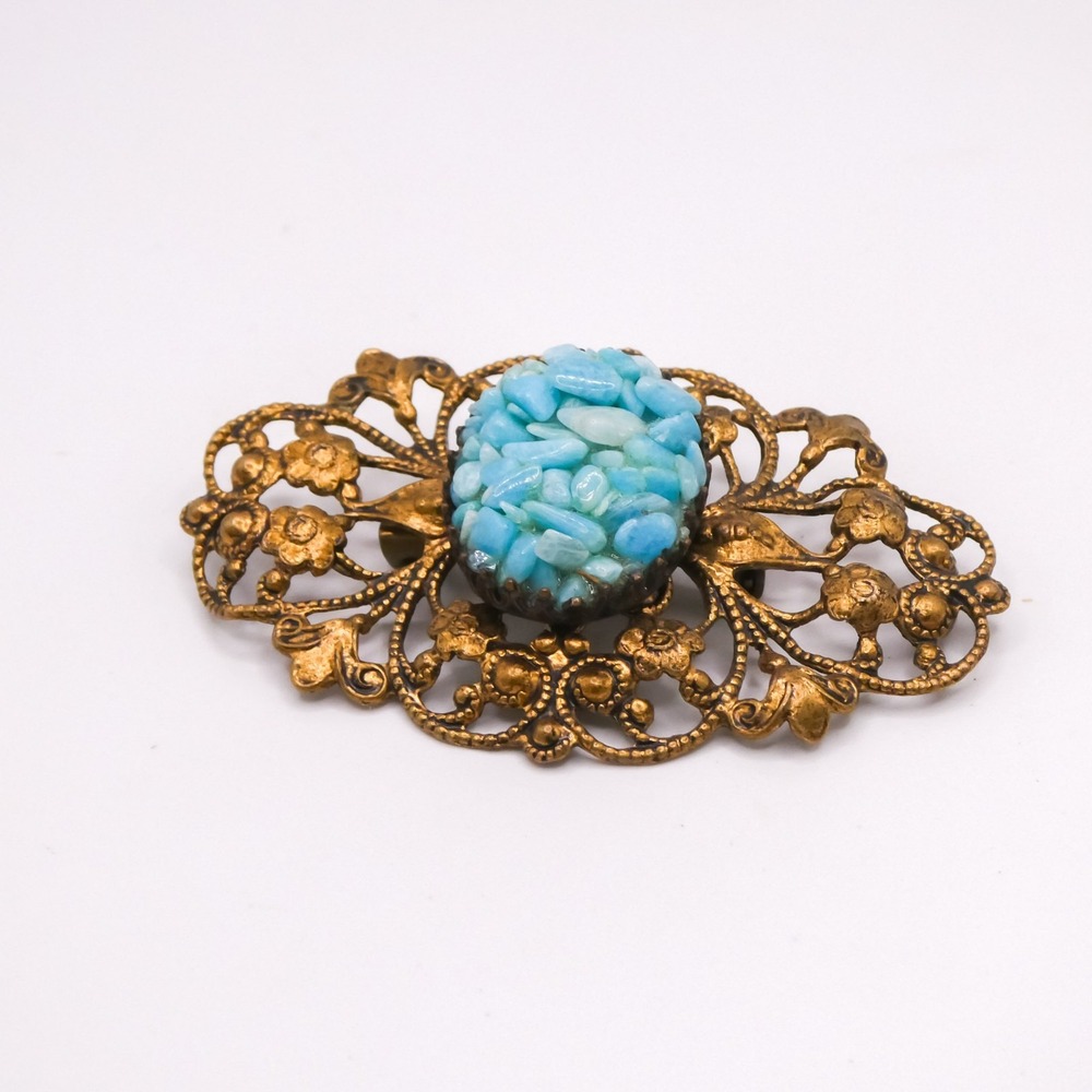 Vintage Brass Flower Filigree Blue Cluster Stone Brooch Pin 2.2" Womens